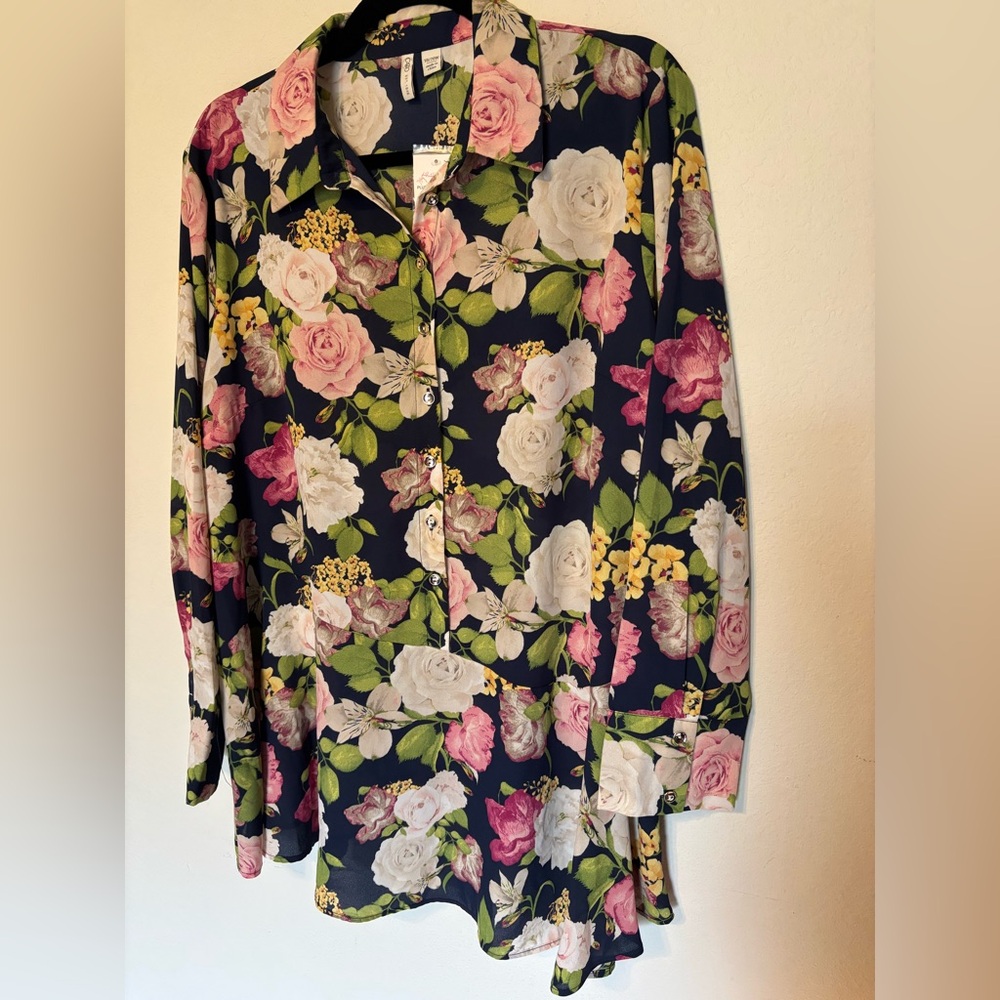 NWT Cato Navy Rose Floral Button Down Blouse 18/20W Plus In Bloom
